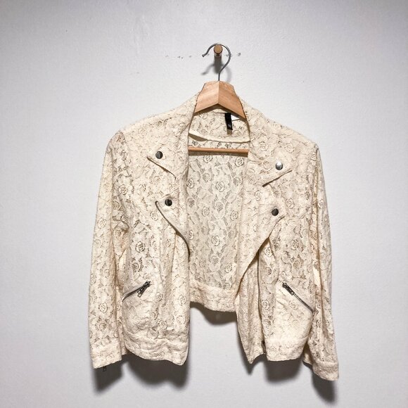 Cream Lace Biker Moto Jacket - Picture 2 of 16
